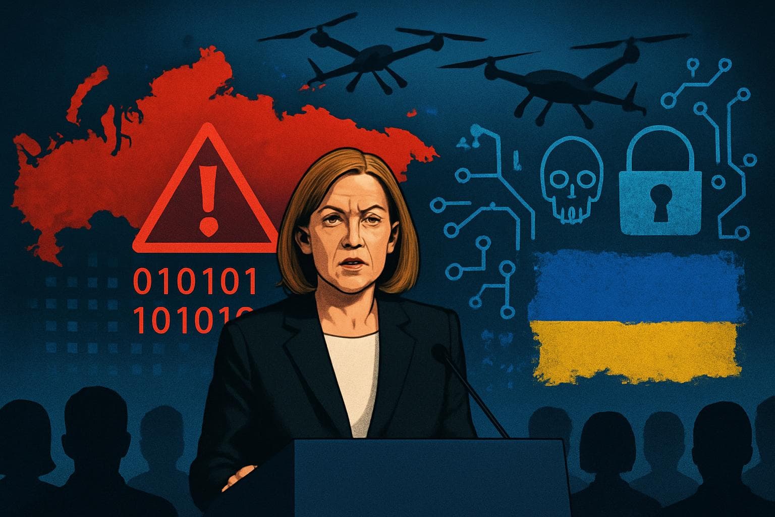 Female MI6 chief speaking on Russian threat with drones overhead