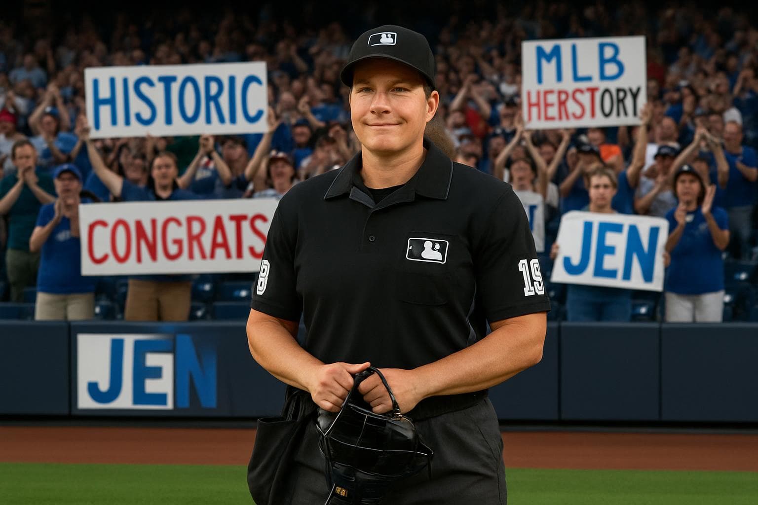 Female umpire Jen Pawol on baseball field receiving ovation