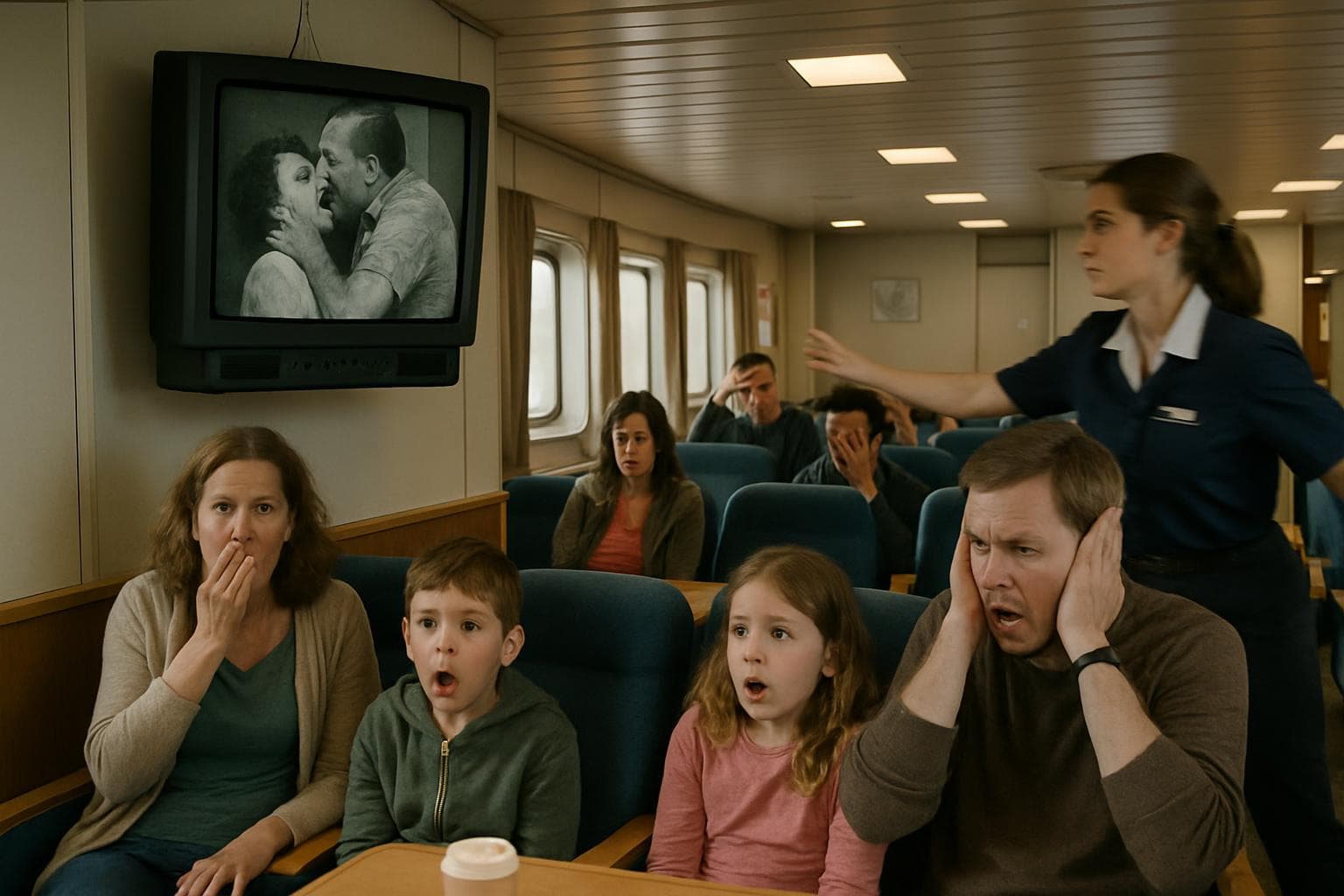 Passengers in ferry lounge reacting to inappropriate film