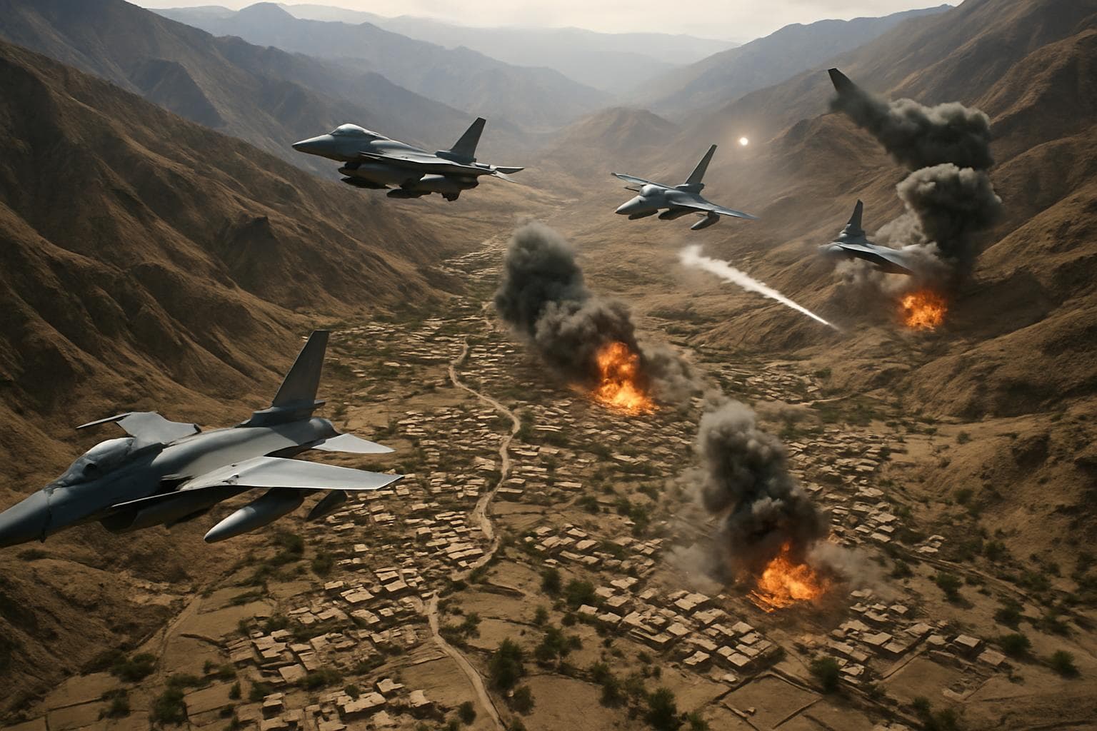 Aerial view of fighter jets over Afghanistan mountains