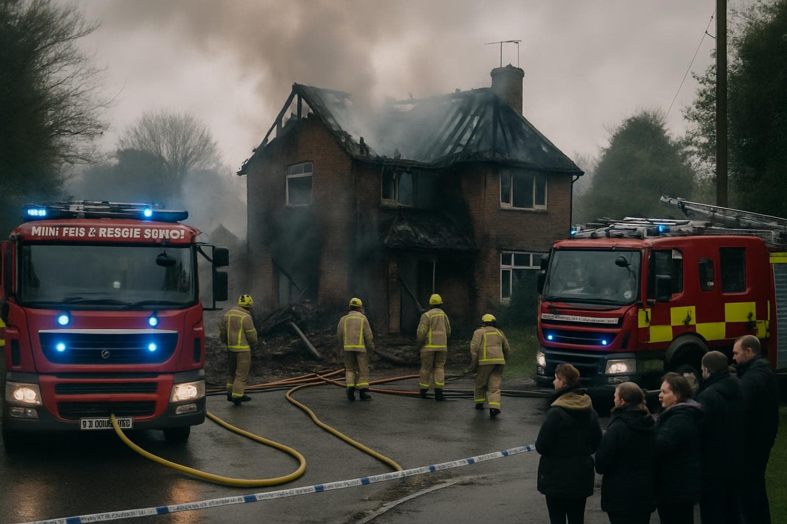 Fire-damaged house in Kent with firefighters and emergency vehicles