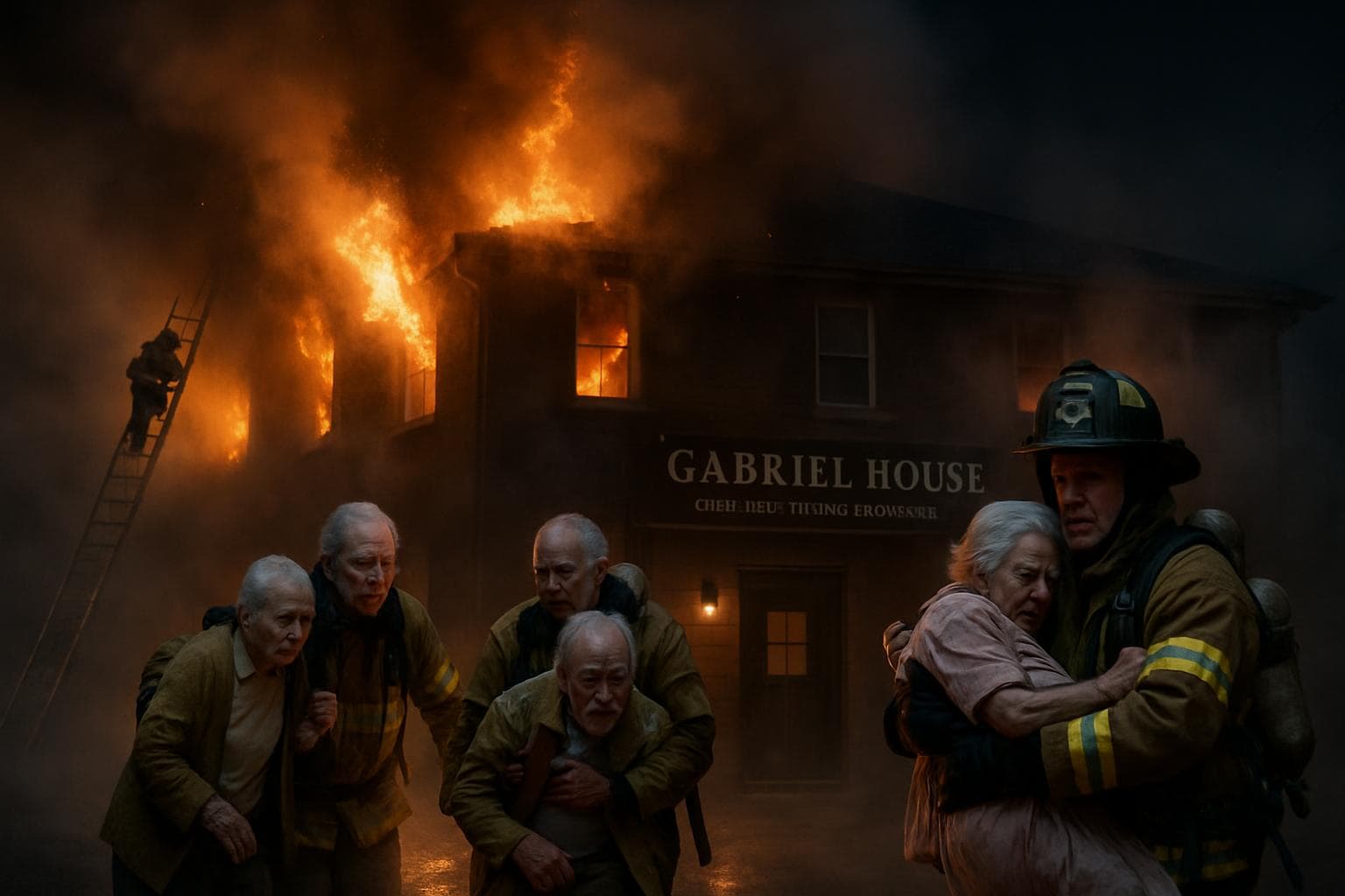 Firefighters rescuing elderly residents from a burning building at night