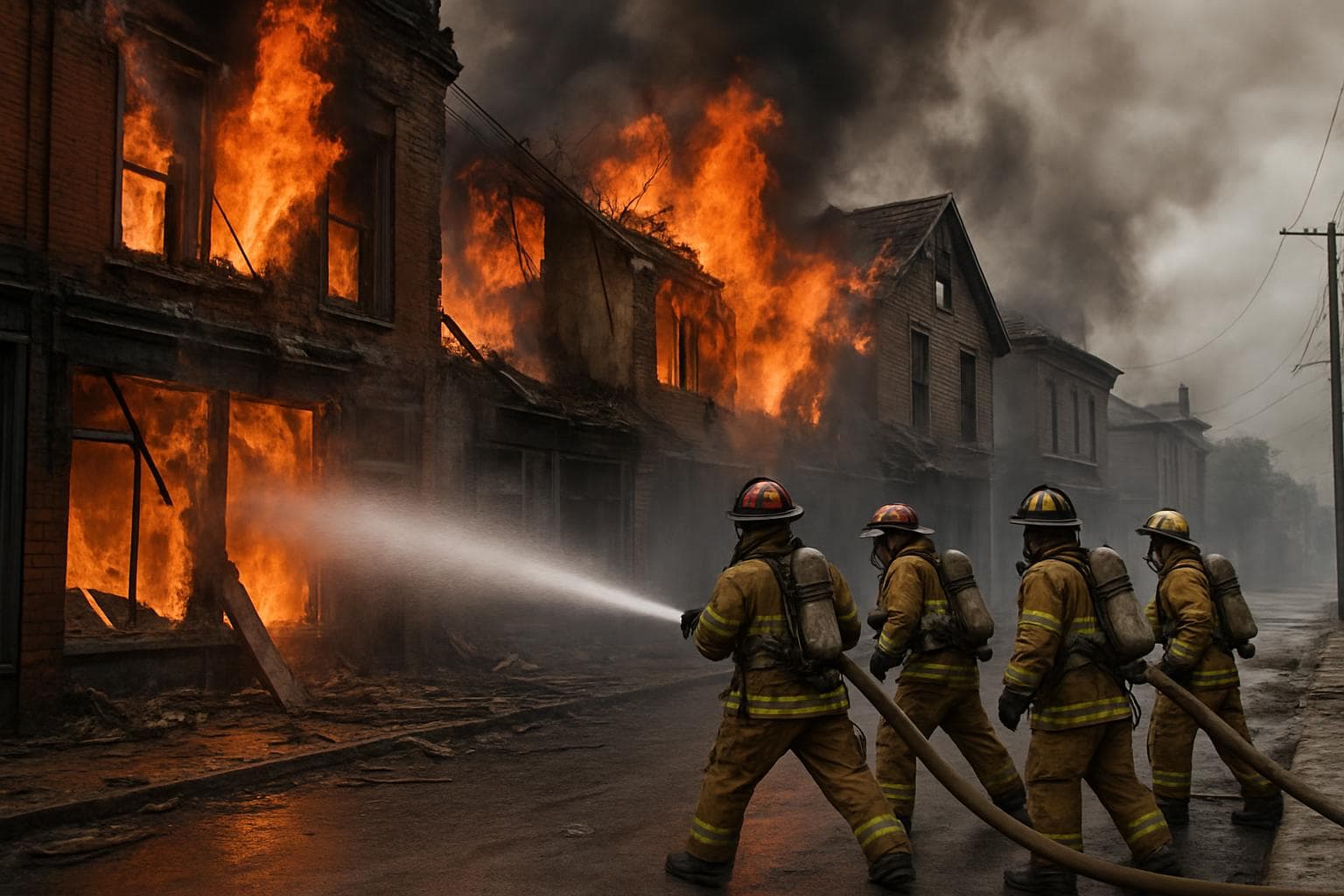 Firefighters battling a large blaze in a town with damaged buildings