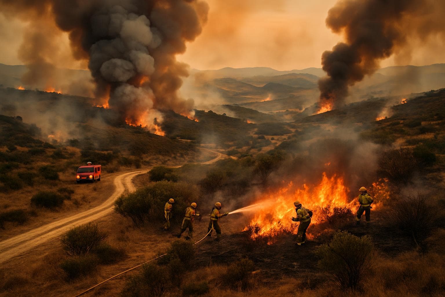 Aerial view of firefighters battling wildfires in Spain and Portugal
