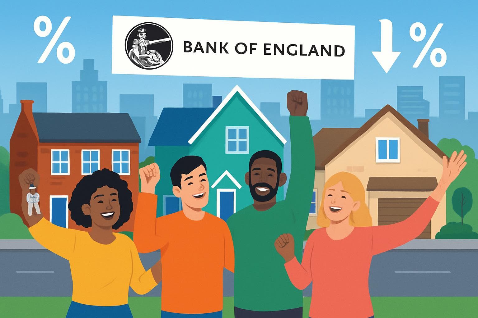 Diverse group of homebuyers celebrating in front of homes