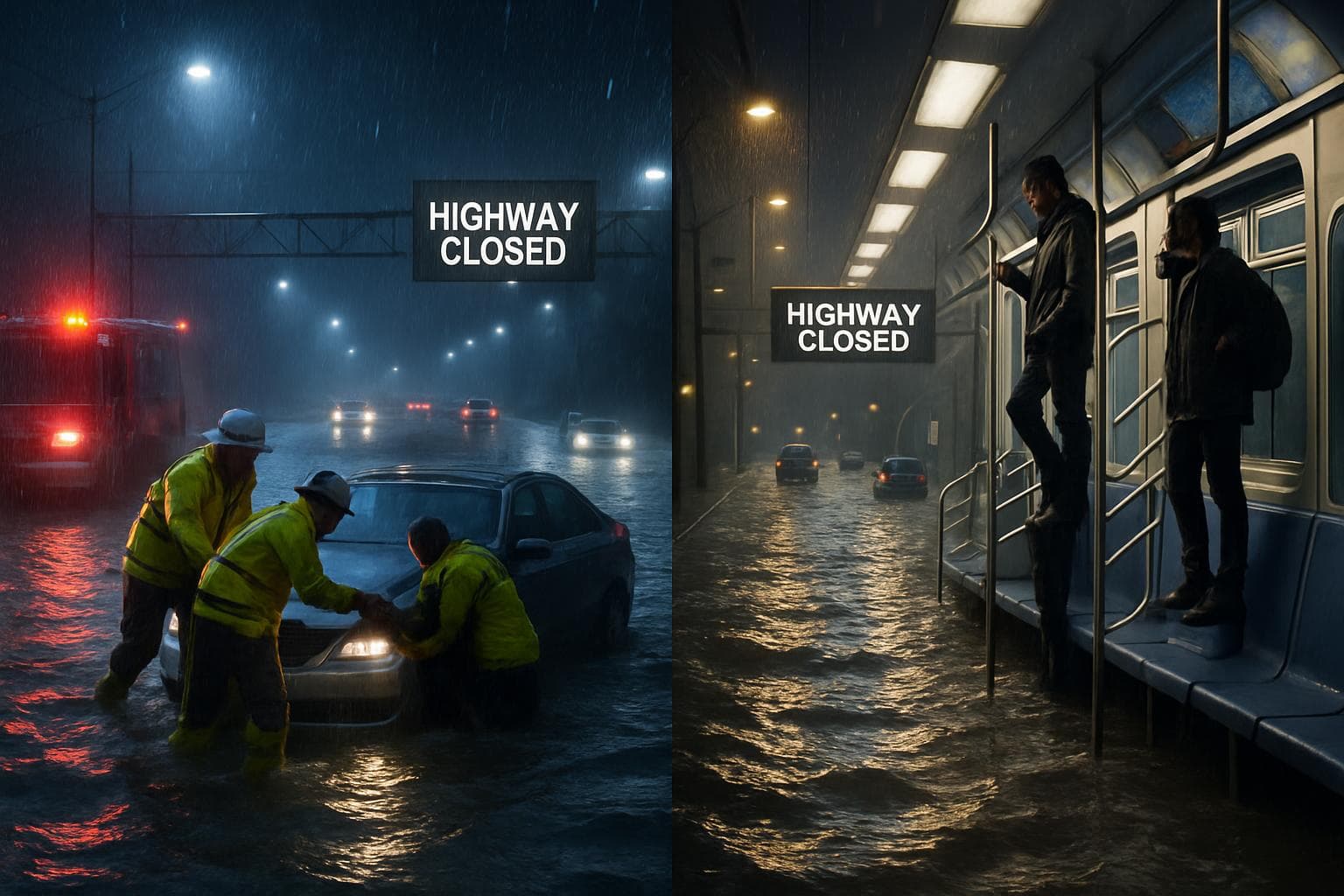 Emergency responders aiding a stranded driver during flash flooding