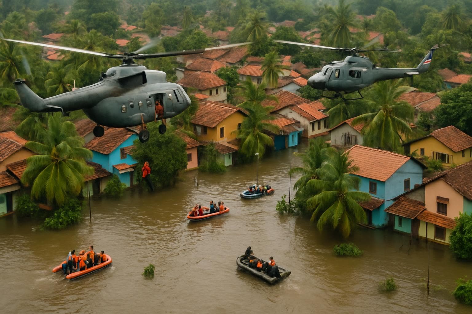 Flooded village with rescue helicopters and boats