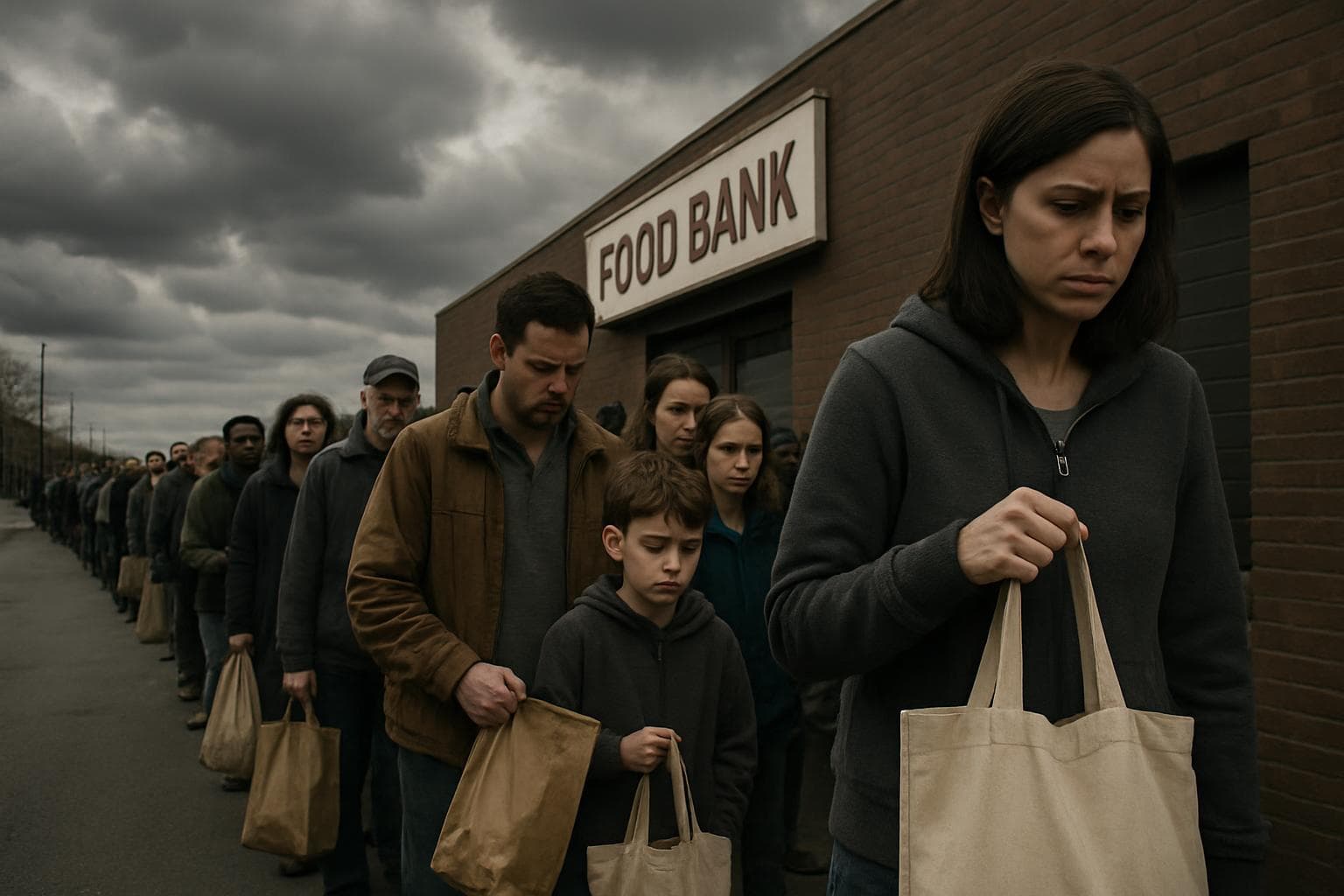 People in long lines at a food bank under cloudy sky
