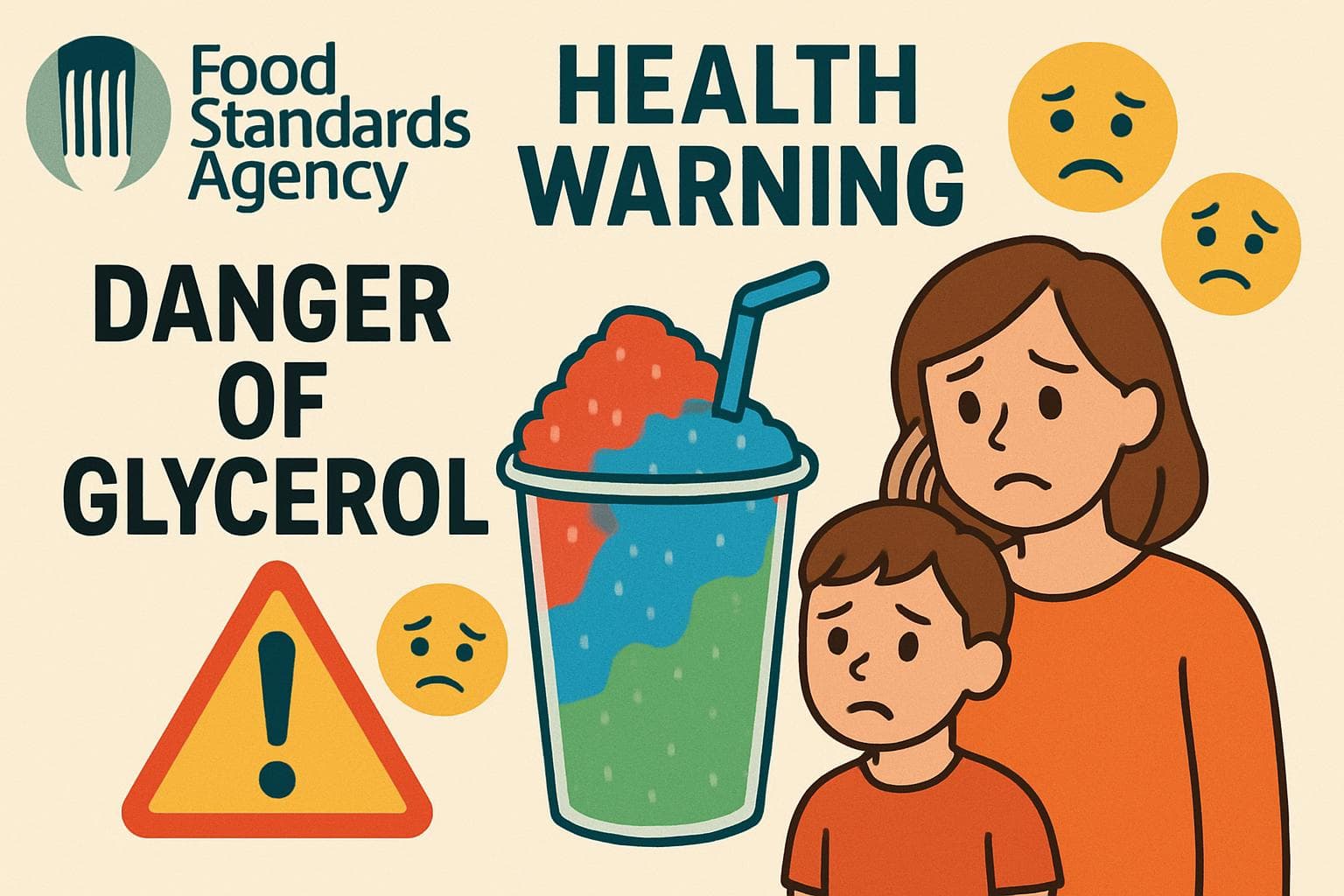 Parent and child beside a colorful slushie with warning signs