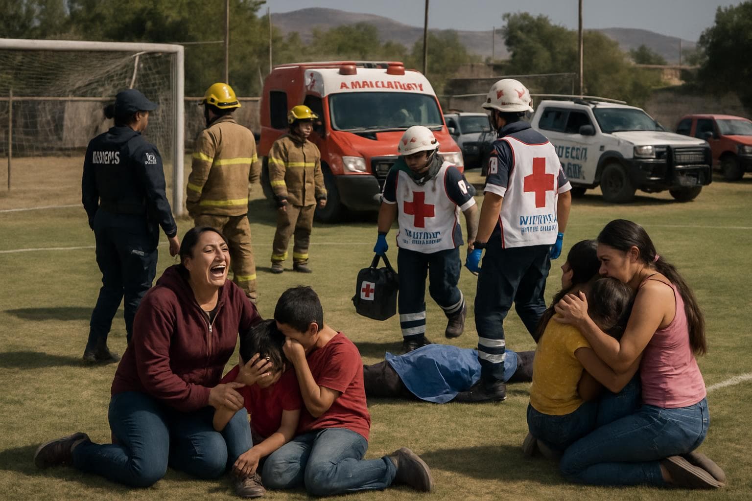 Emergency responders on a football pitch in Salamanca after an attack
