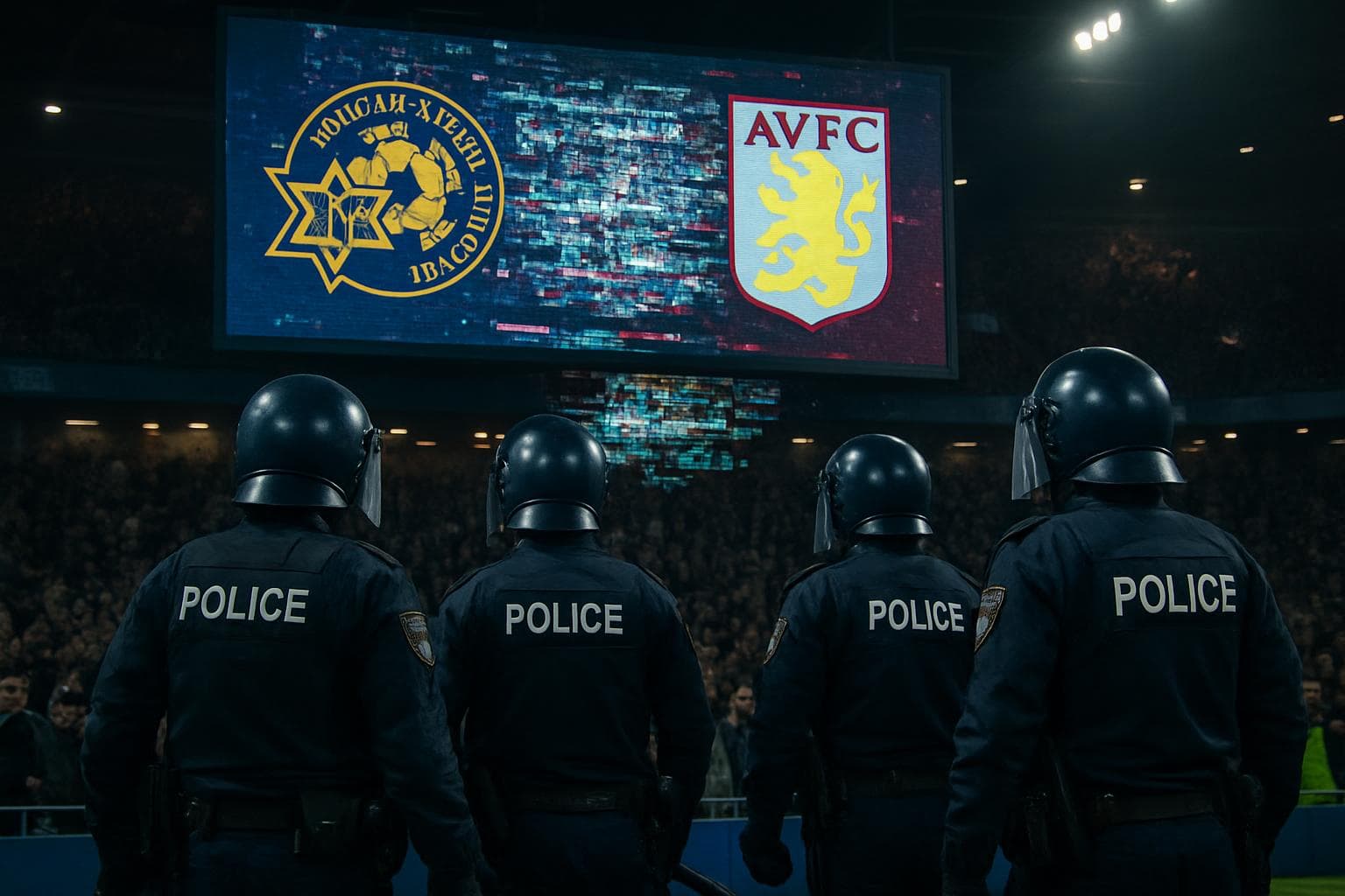 Tense football stadium with police officers and team logos