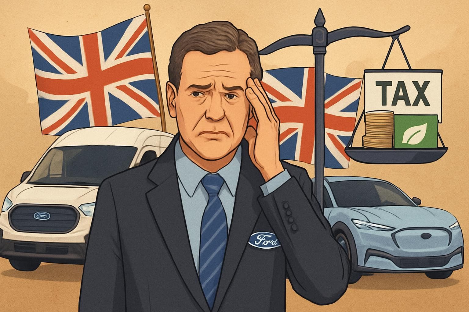 Ford executive in front of electric vehicles with UK flags