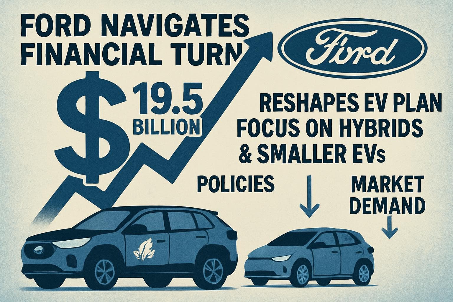 Ford logo with hybrid and electric vehicles in background