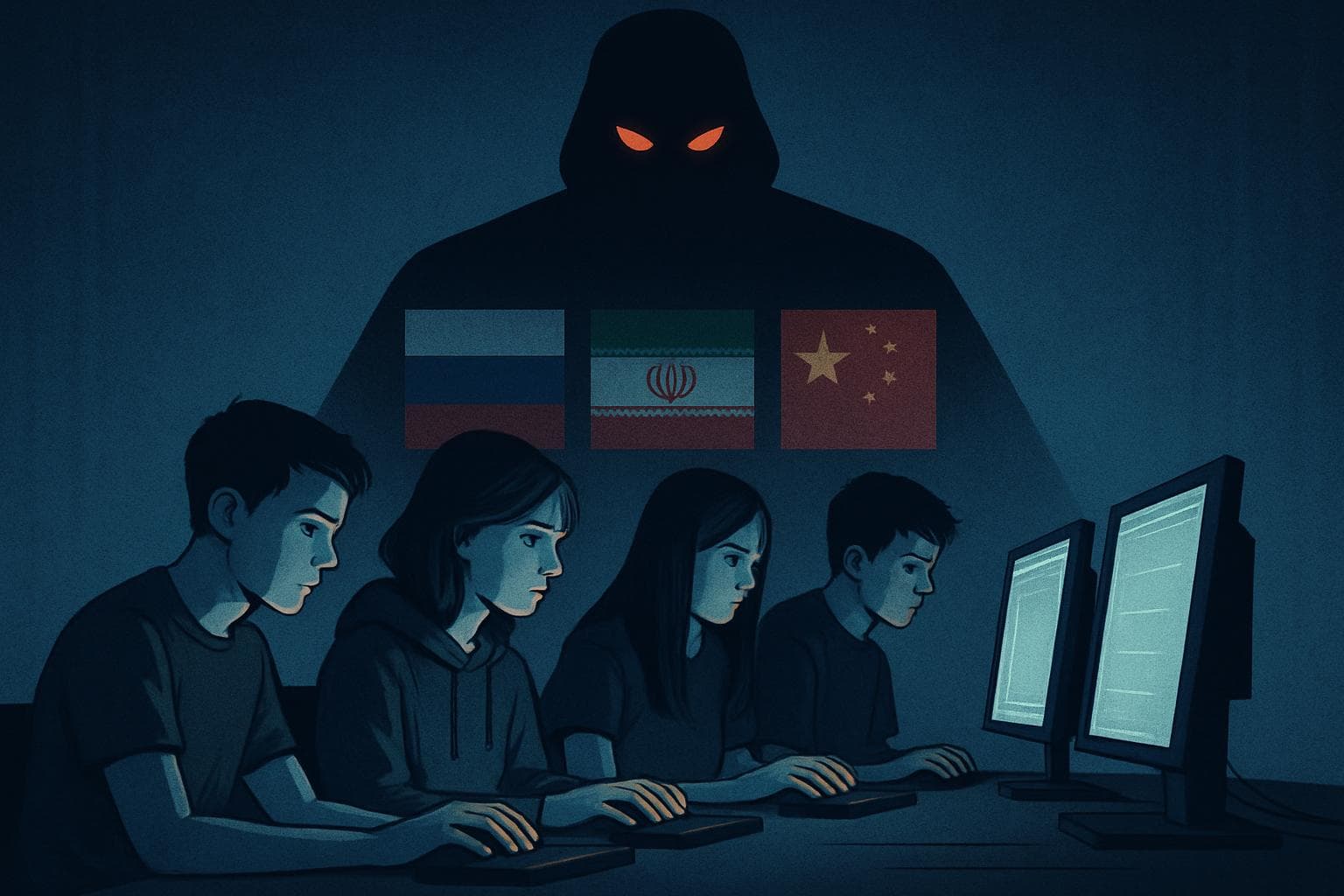 Shadowy figure looming over young people at computers