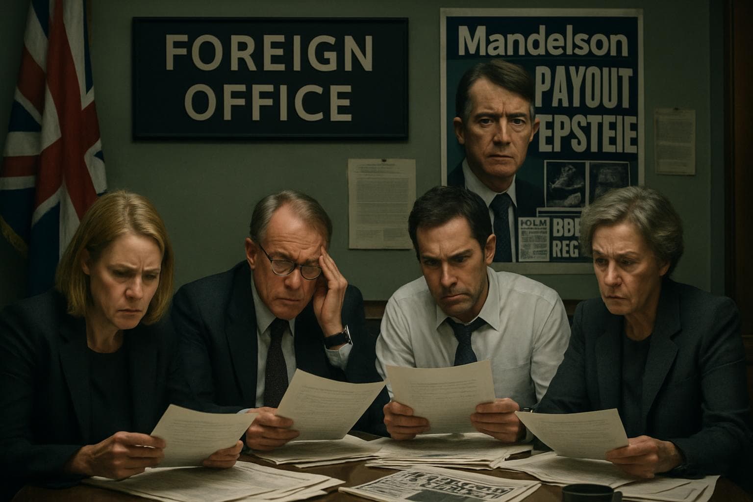 Officials in a meeting room reviewing documents