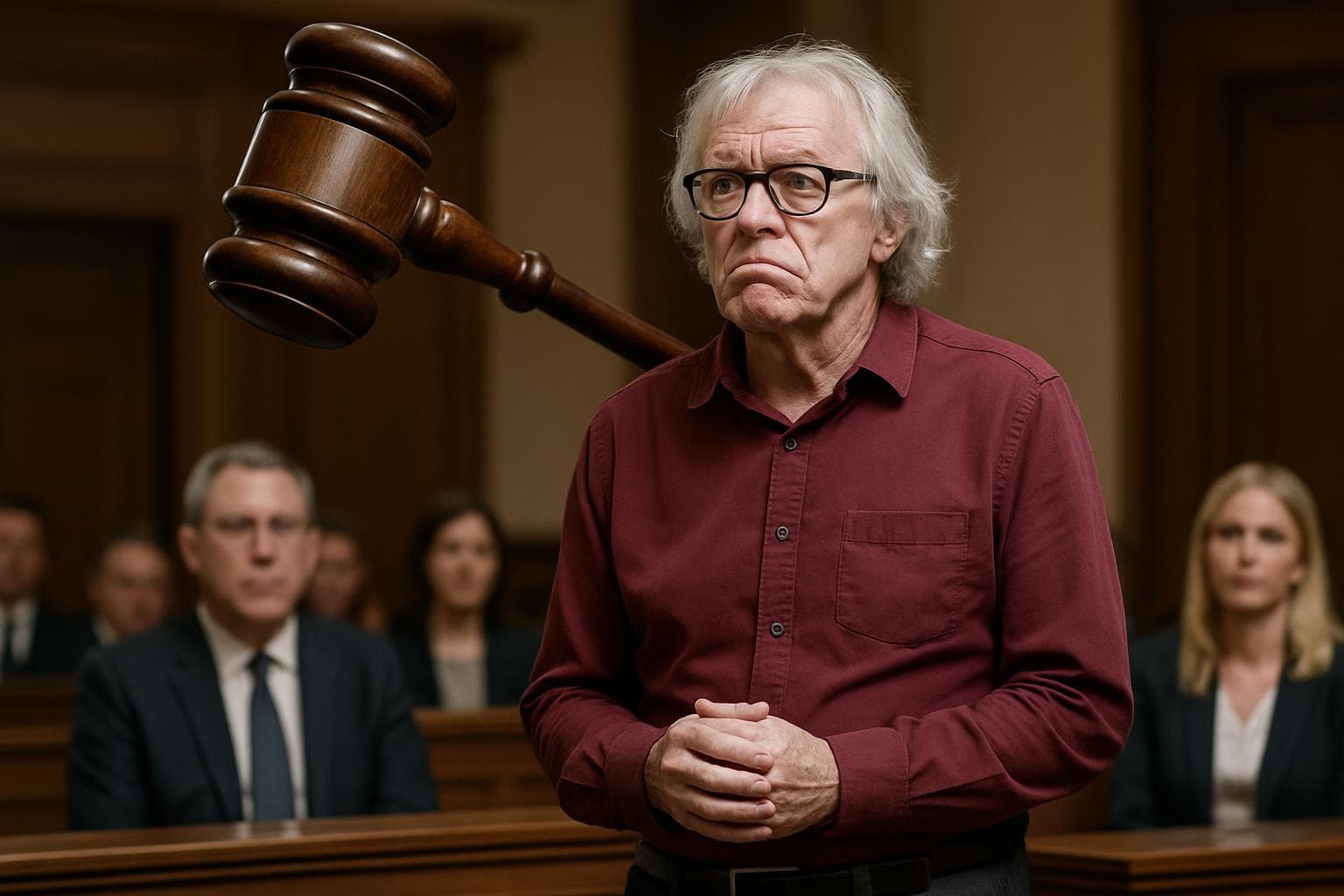 Former BBC DJ in court wearing burgundy shirt and black jeans