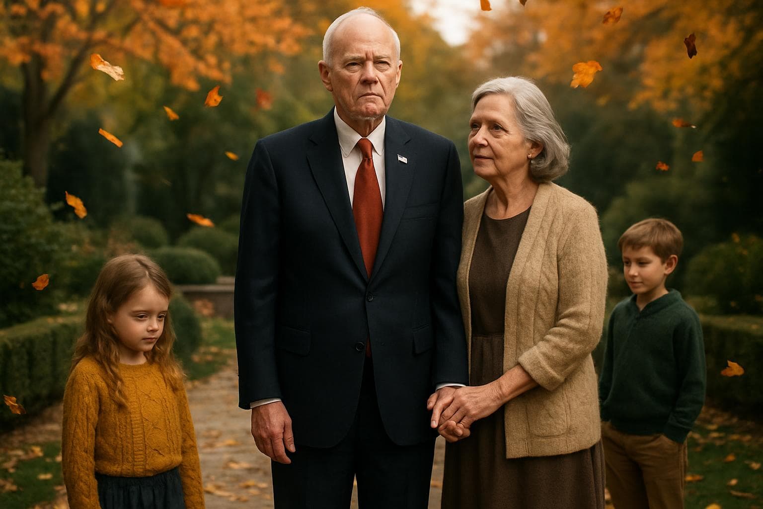 Former US Senator with family in a garden during autumn