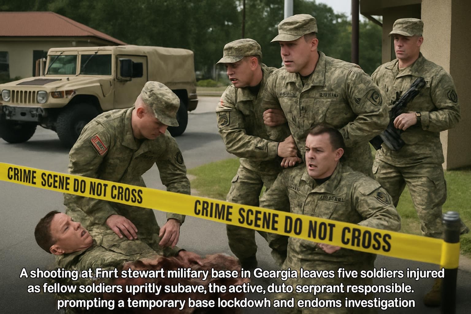 Military base with soldiers responding to a shooting incident