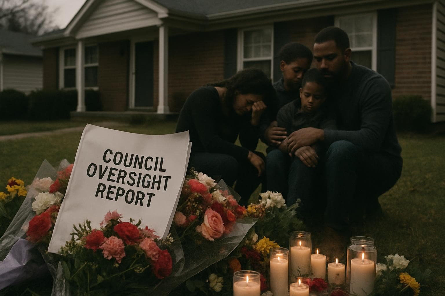 Memorial outside suburban home with grieving family