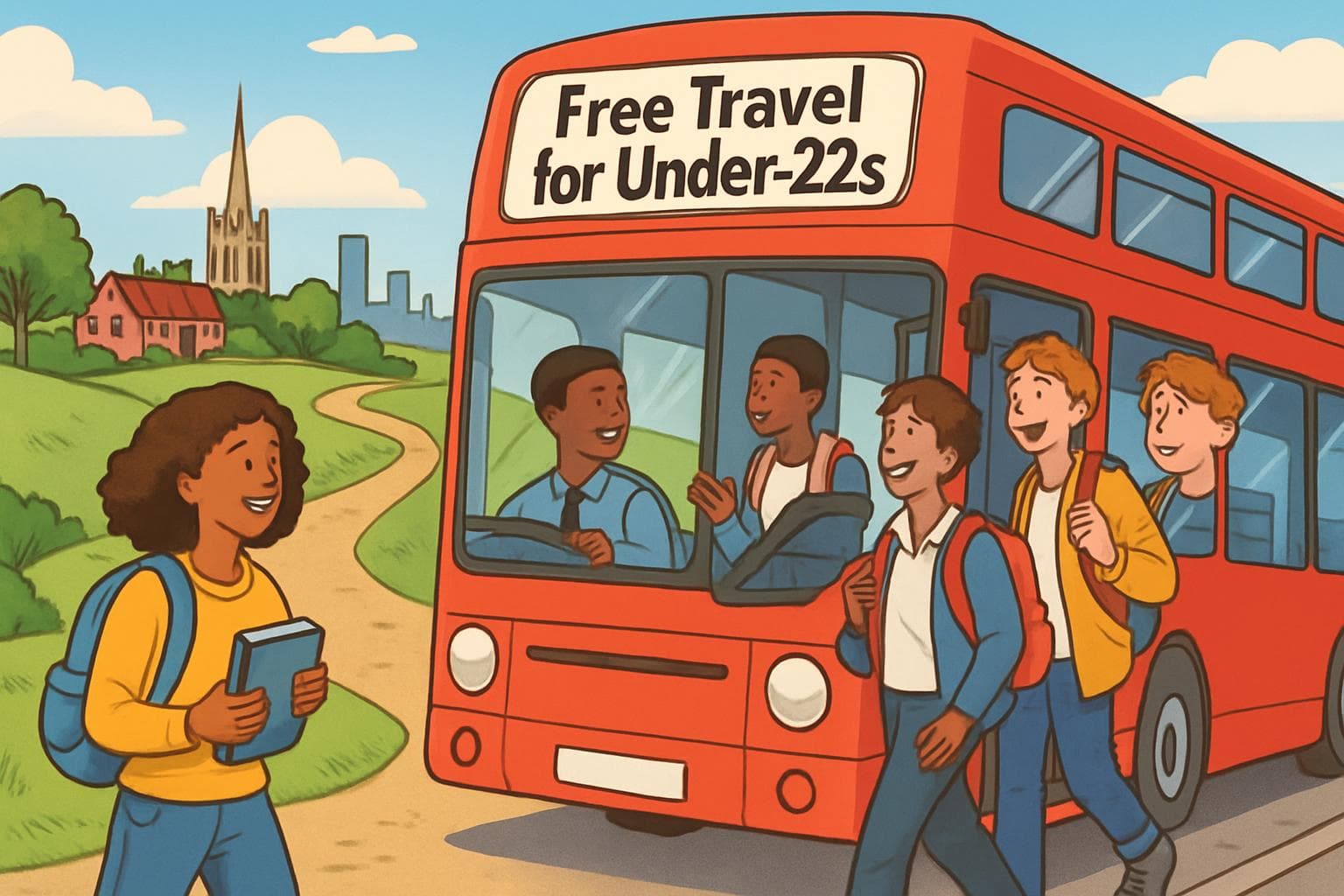 Young people boarding a bus with a free travel sign in England