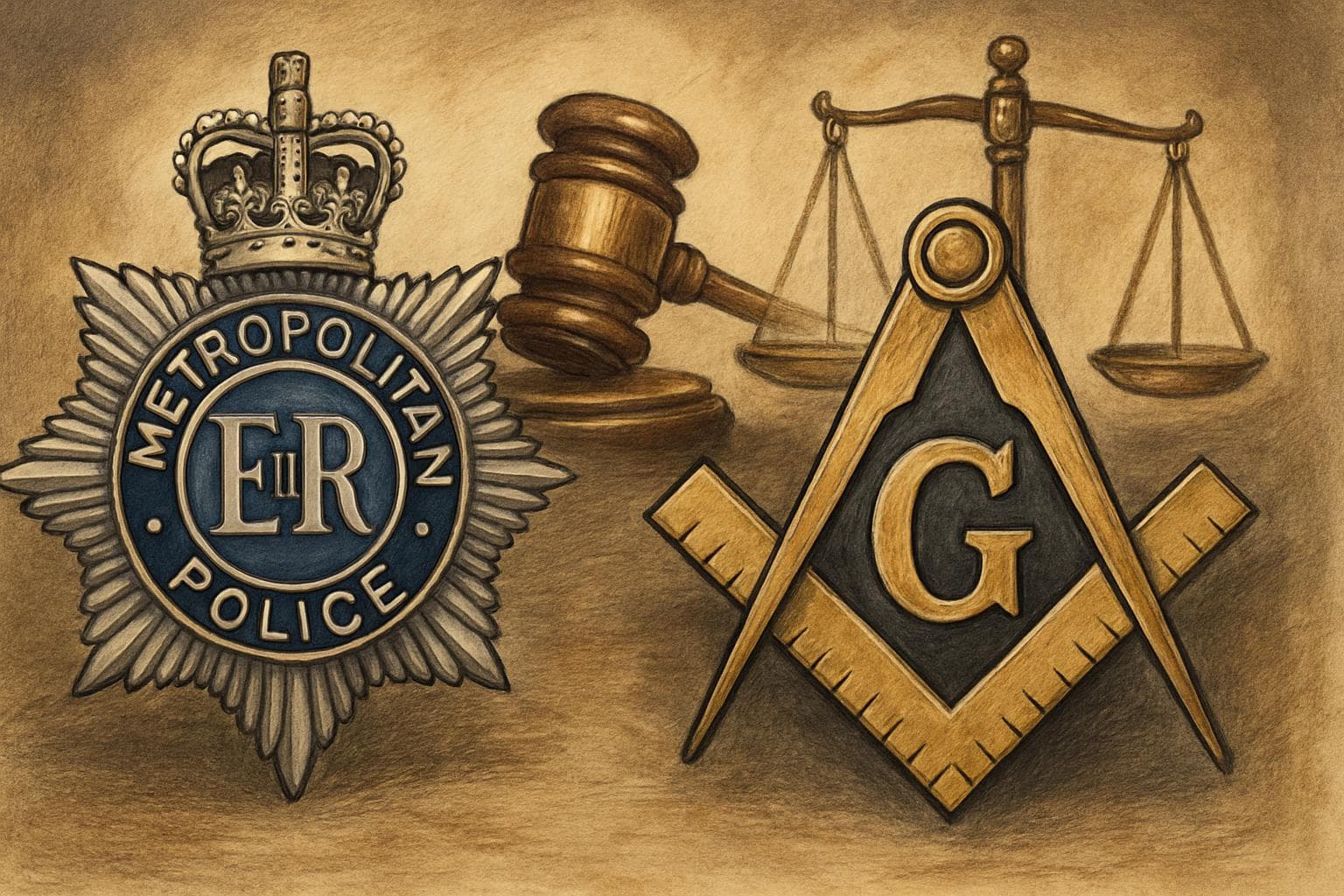 Police badge and Freemason emblem with gavel and scales