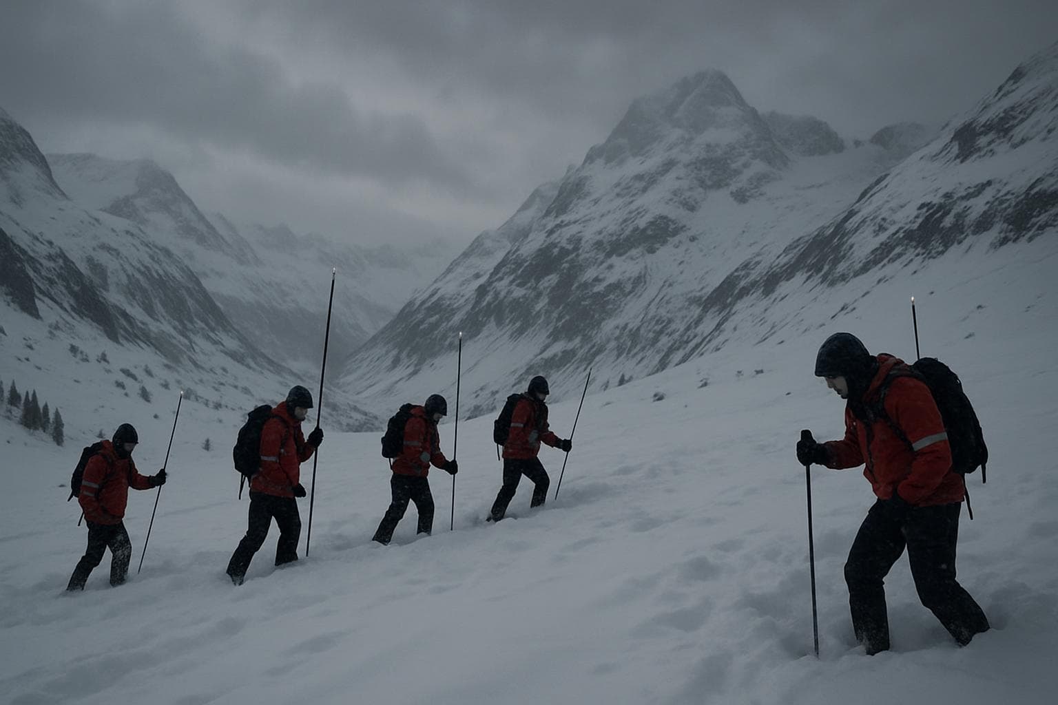 Rescue workers searching in deep snow in the French Alps