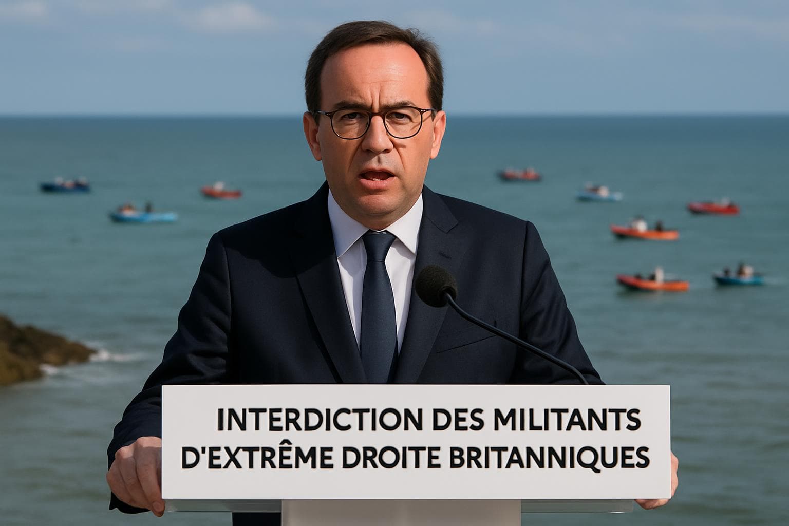 French official announces ban with English Channel in background