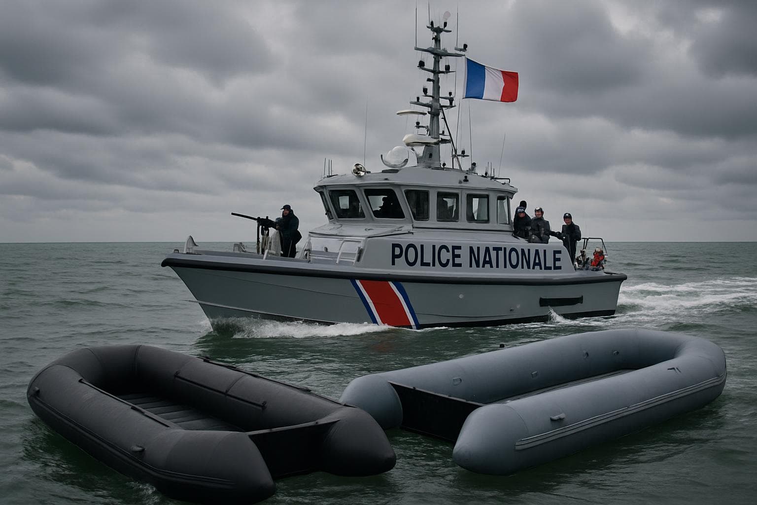French maritime police boat intercepts empty dinghies in the English Channel