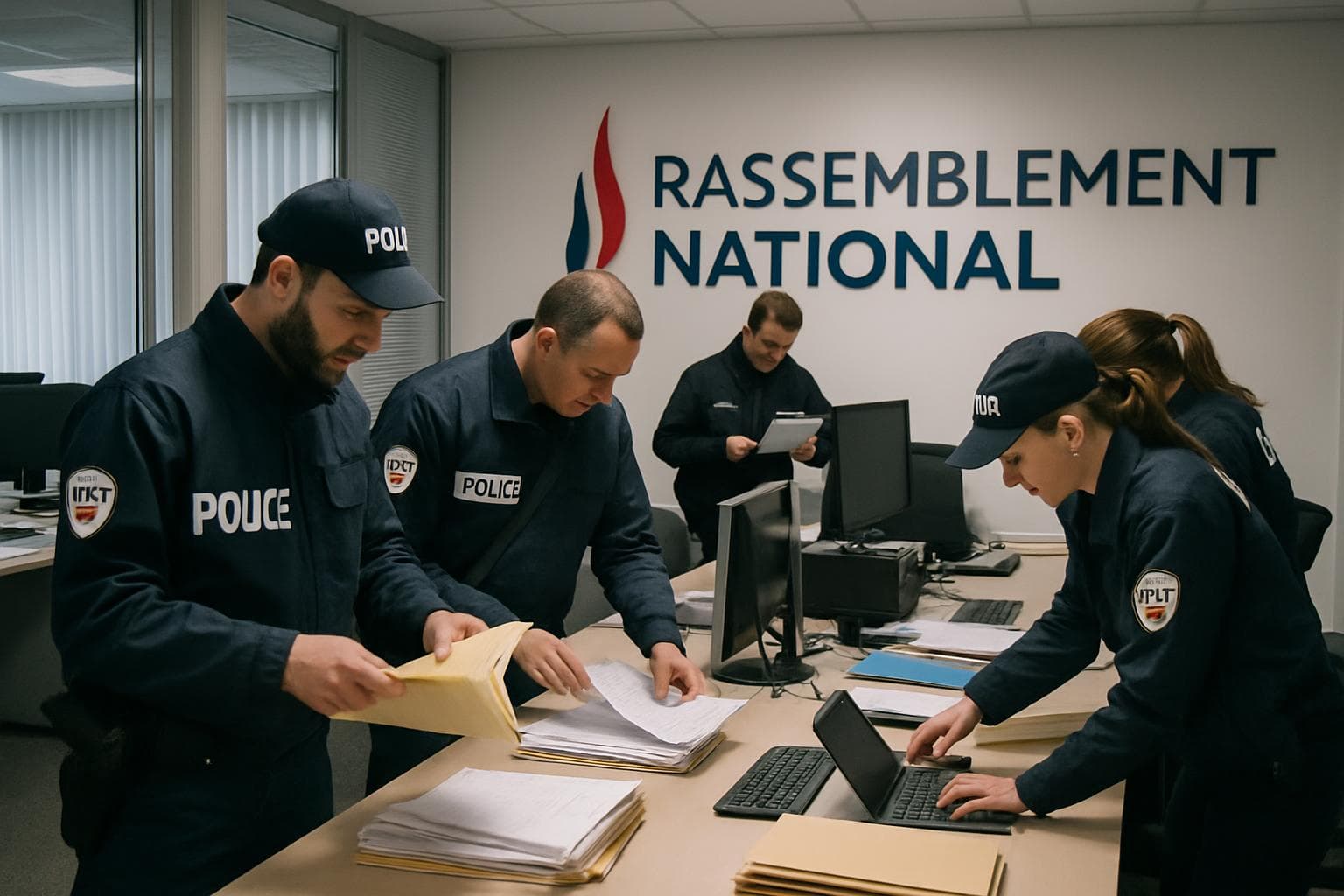French police examining documents at National Rally office
