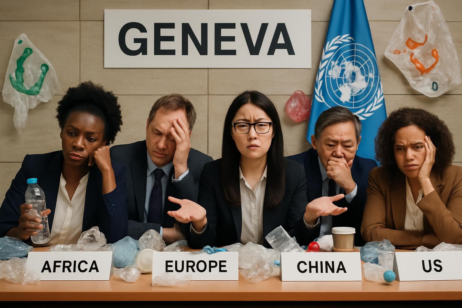 International delegates frustrated in Geneva conference room.