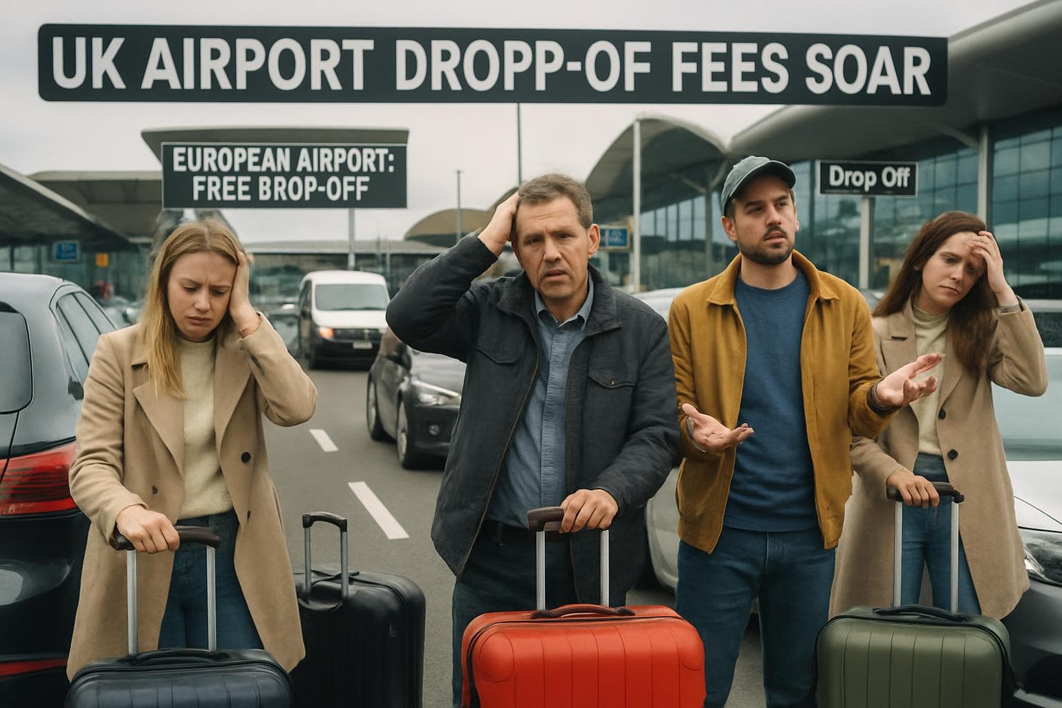 Travelers with cars and luggage at busy UK airport drop-off