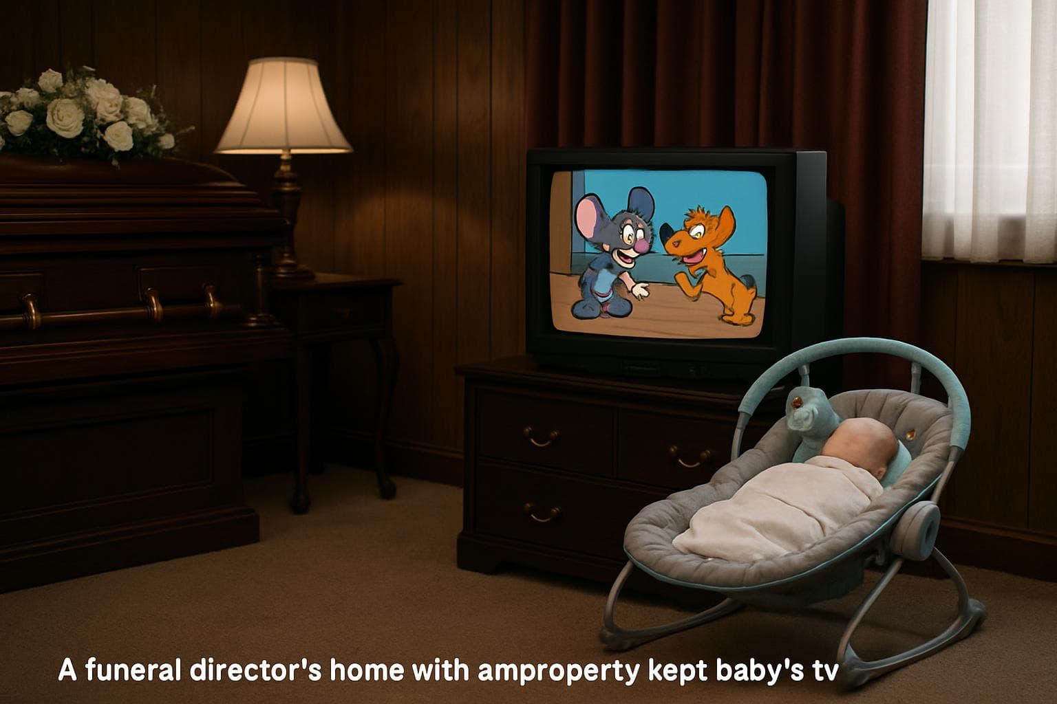 Funeral director's home with baby bouncer and TV
