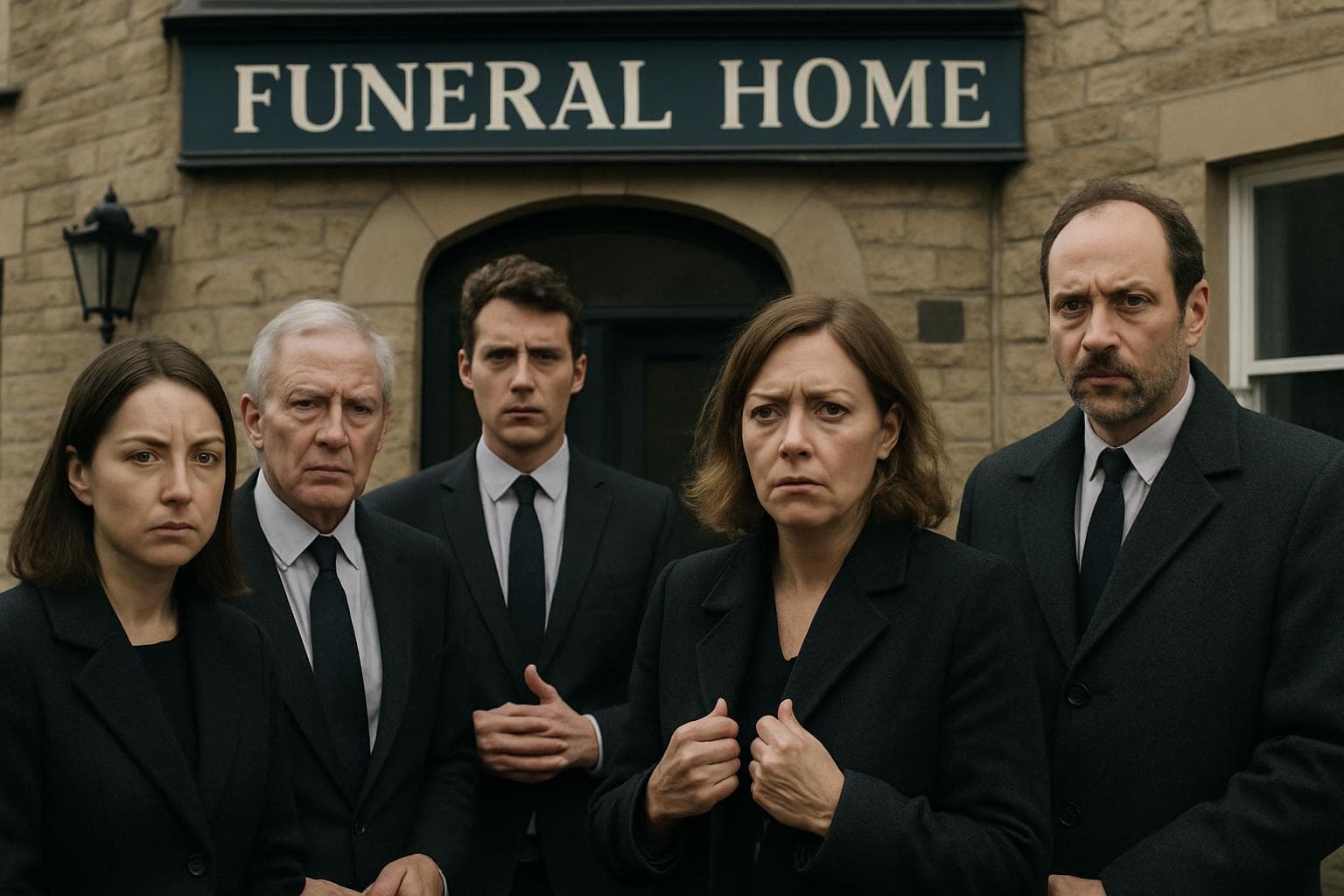 Group of concerned people outside an English funeral home