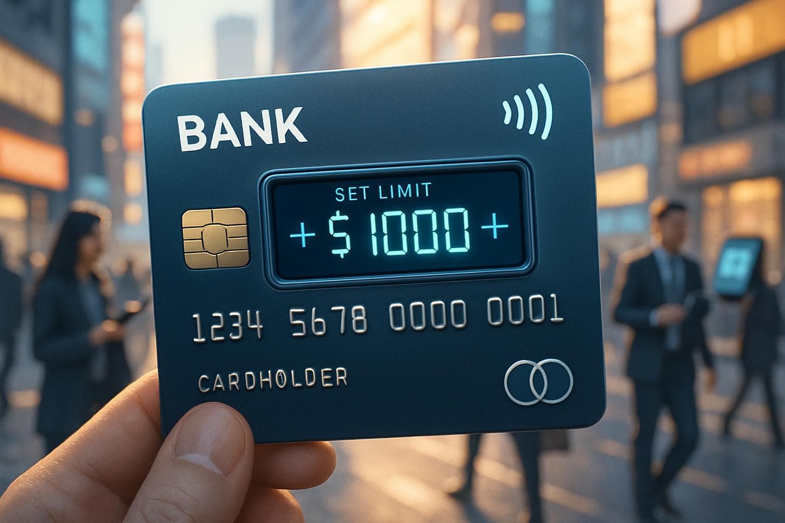 Futuristic bank card with digital display for payment limits