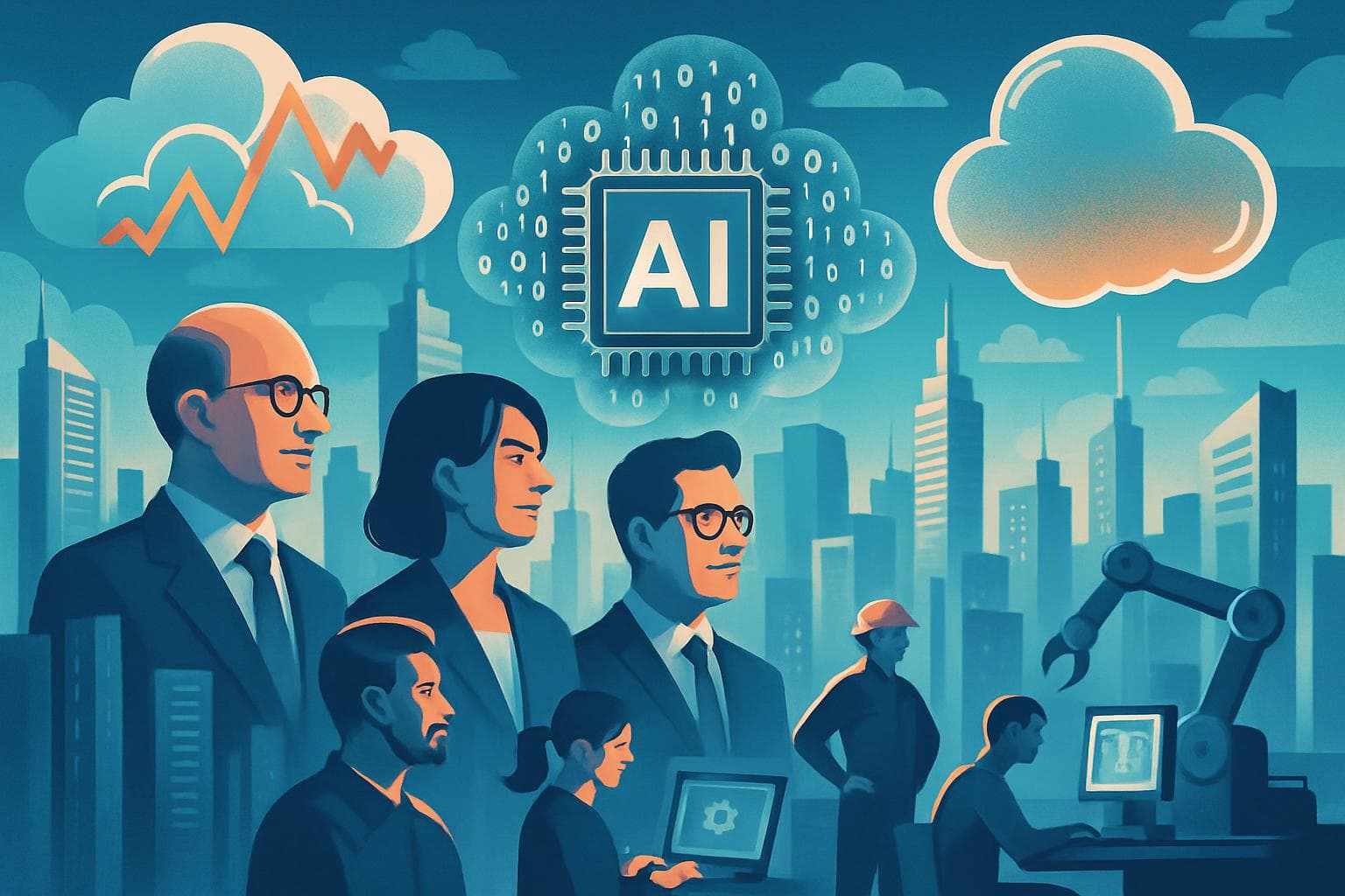 Futuristic cityscape with tech leaders and digital clouds