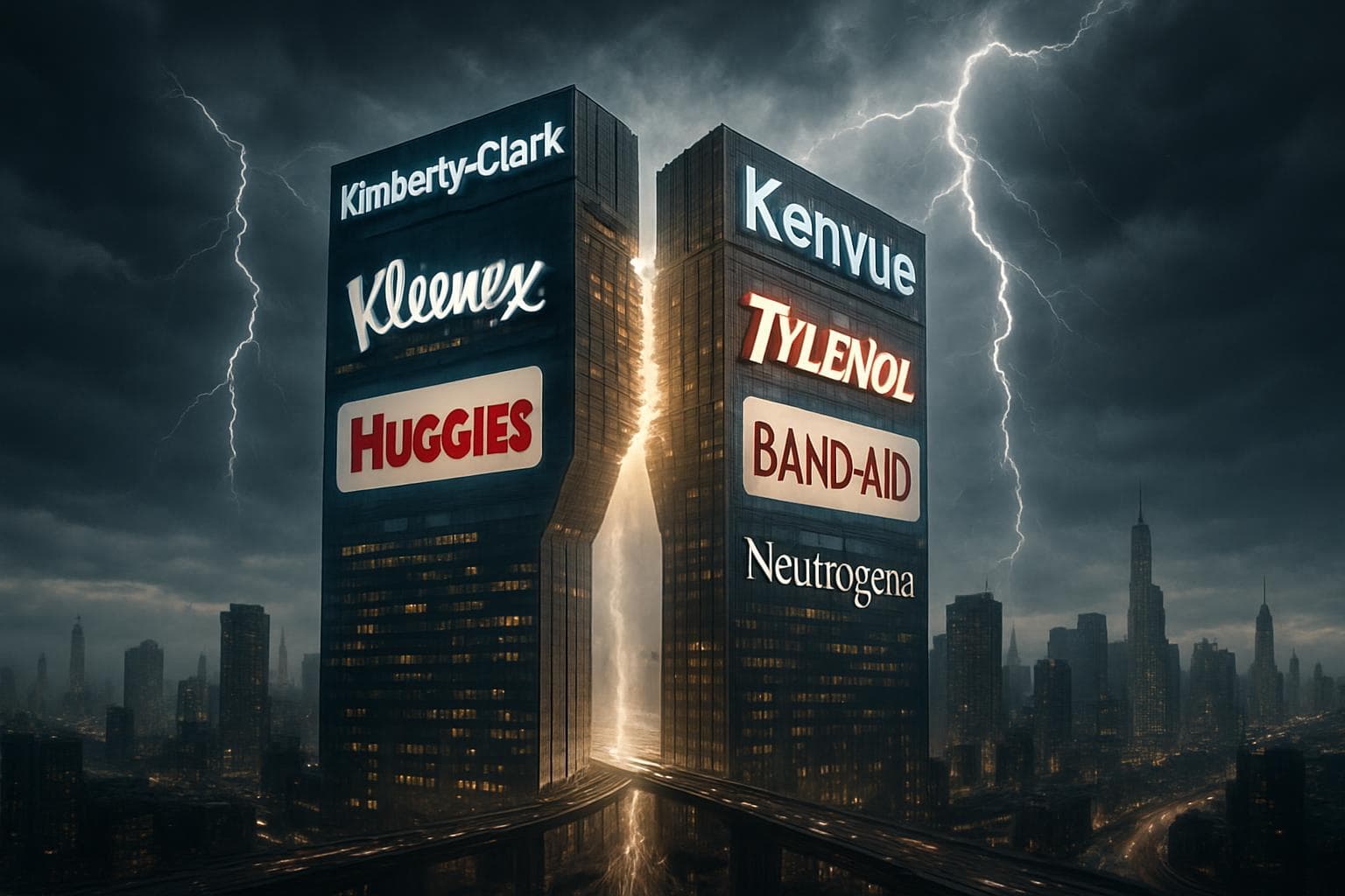 Futuristic cityscape with Kimberly-Clark and Kenvue buildings merging
