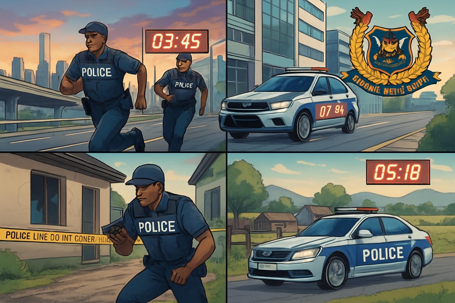 Futuristic cityscape with police officers responding to crime scenes