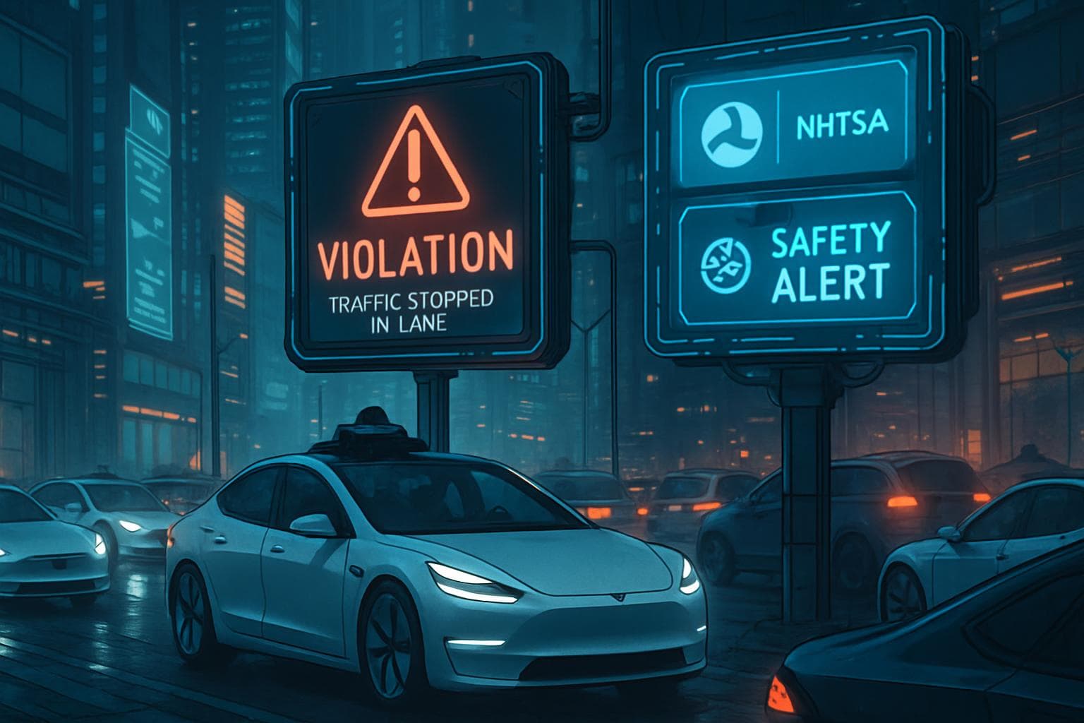 Futuristic city with Tesla robotaxis and digital screens