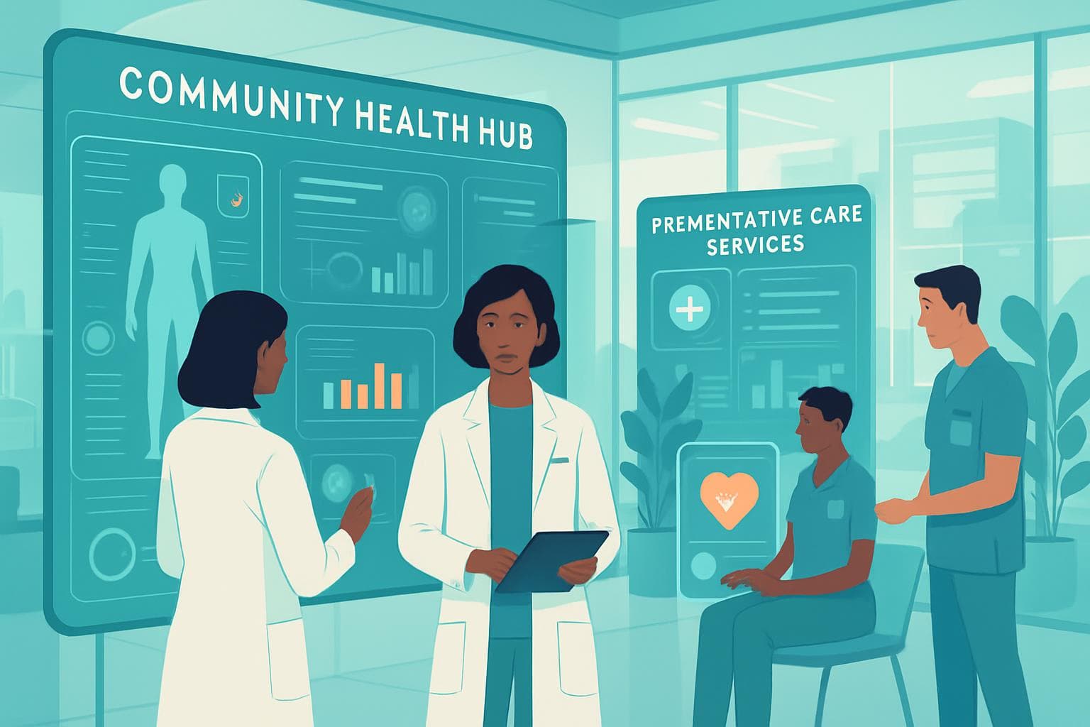 Futuristic health hub with digital interfaces and medical staff
