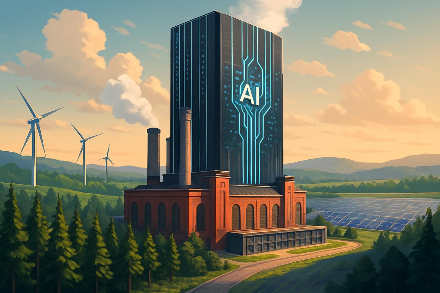Futuristic data center with AI and renewable energy