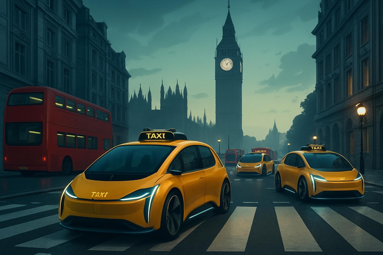Driverless taxis and red buses on London streets near Big Ben.