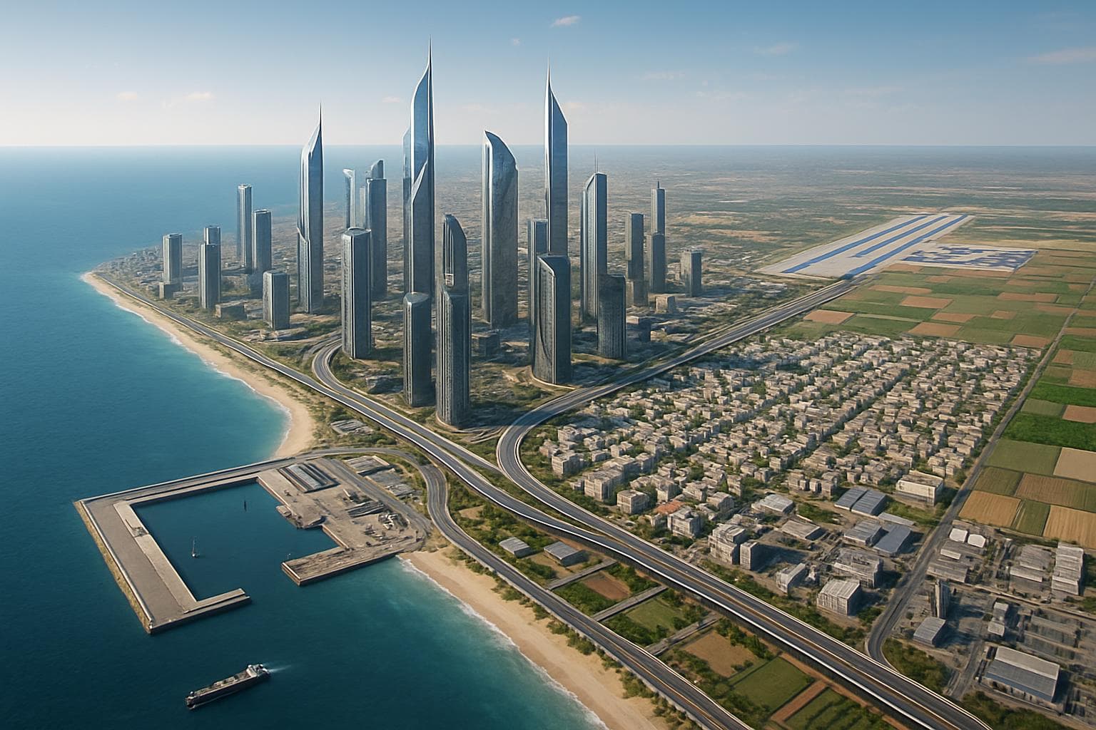 Futuristic Gaza cityscape with skyscrapers and coastline