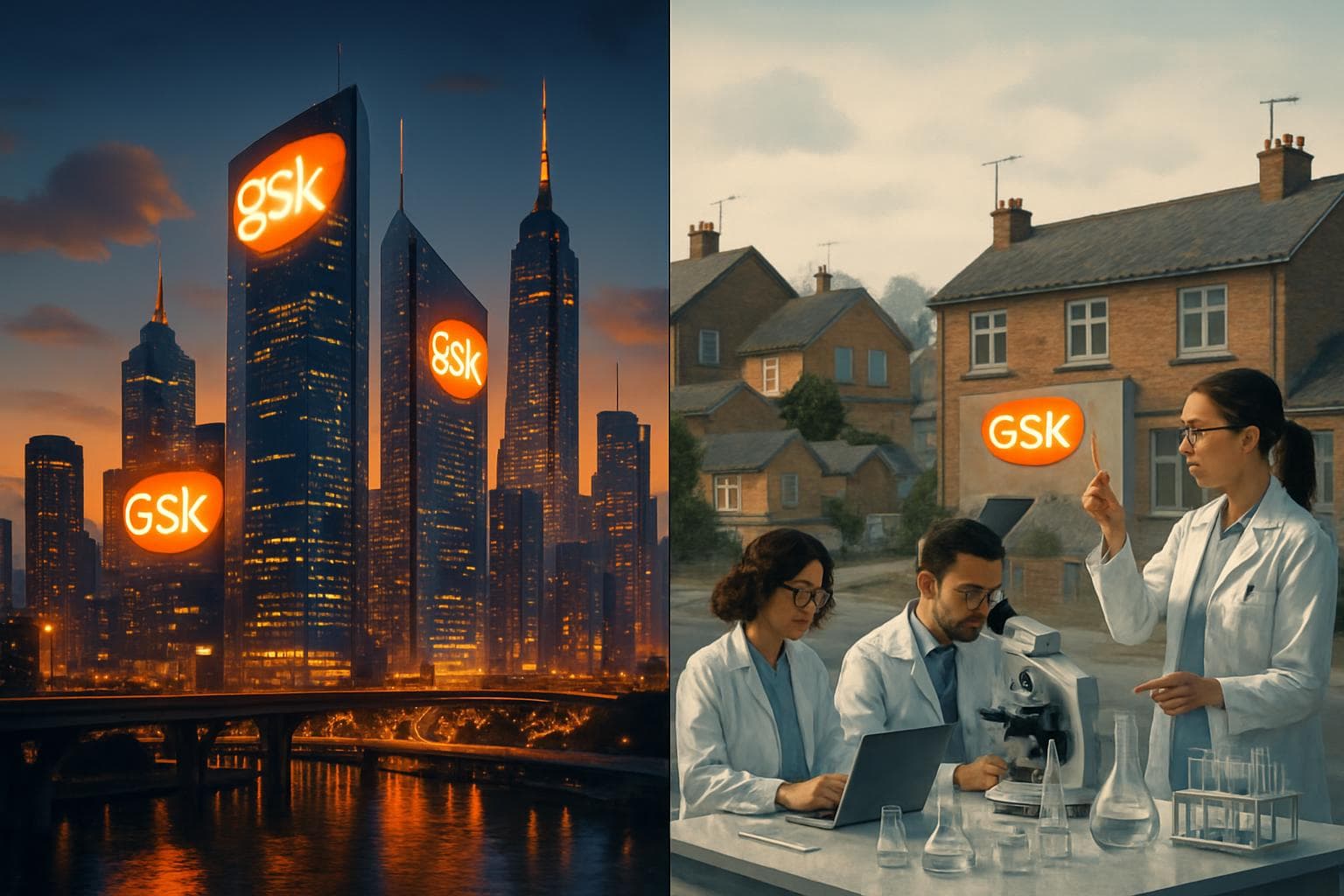 Futuristic skyline with GSK logos and UK scientists in labs
