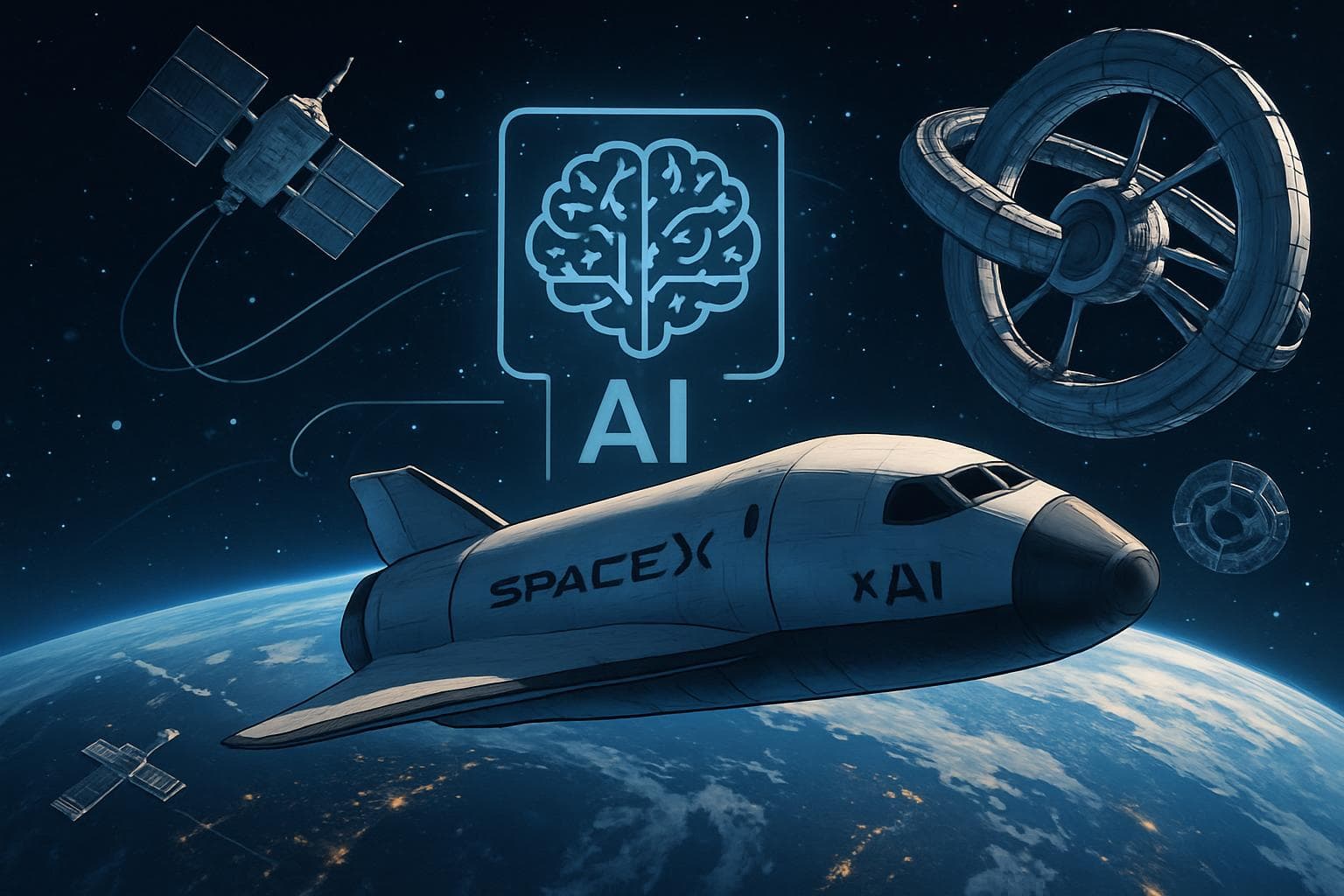 Futuristic spacecraft orbiting Earth with AI elements