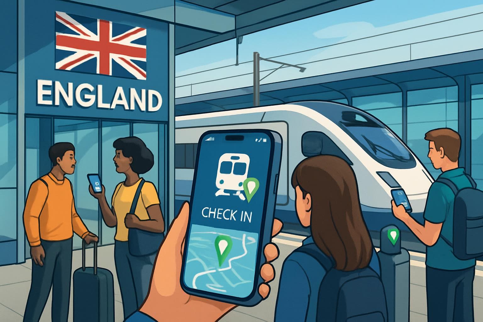 Passengers using a mobile app for train check-in in England