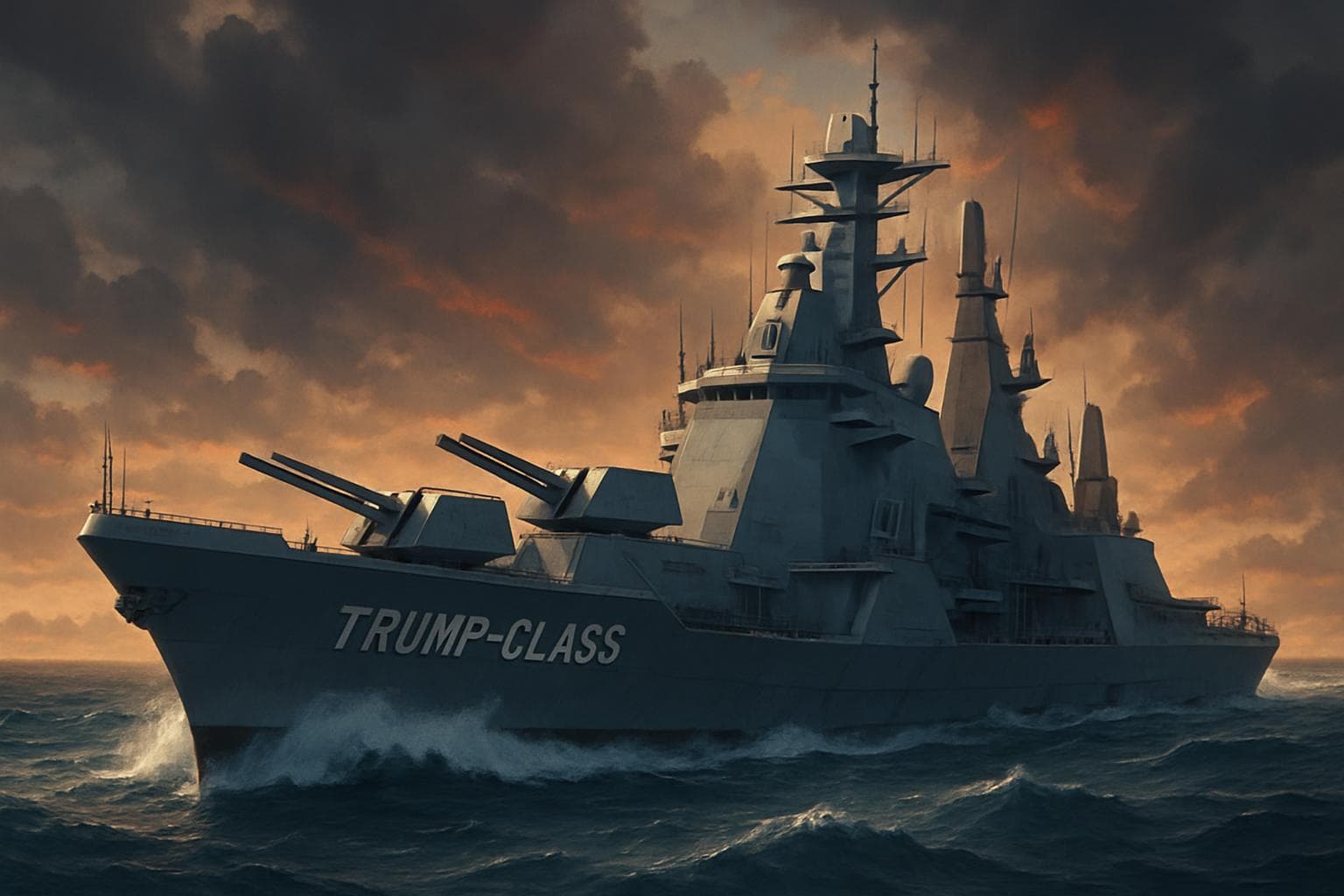 Futuristic Trump-class battleship sailing on the ocean