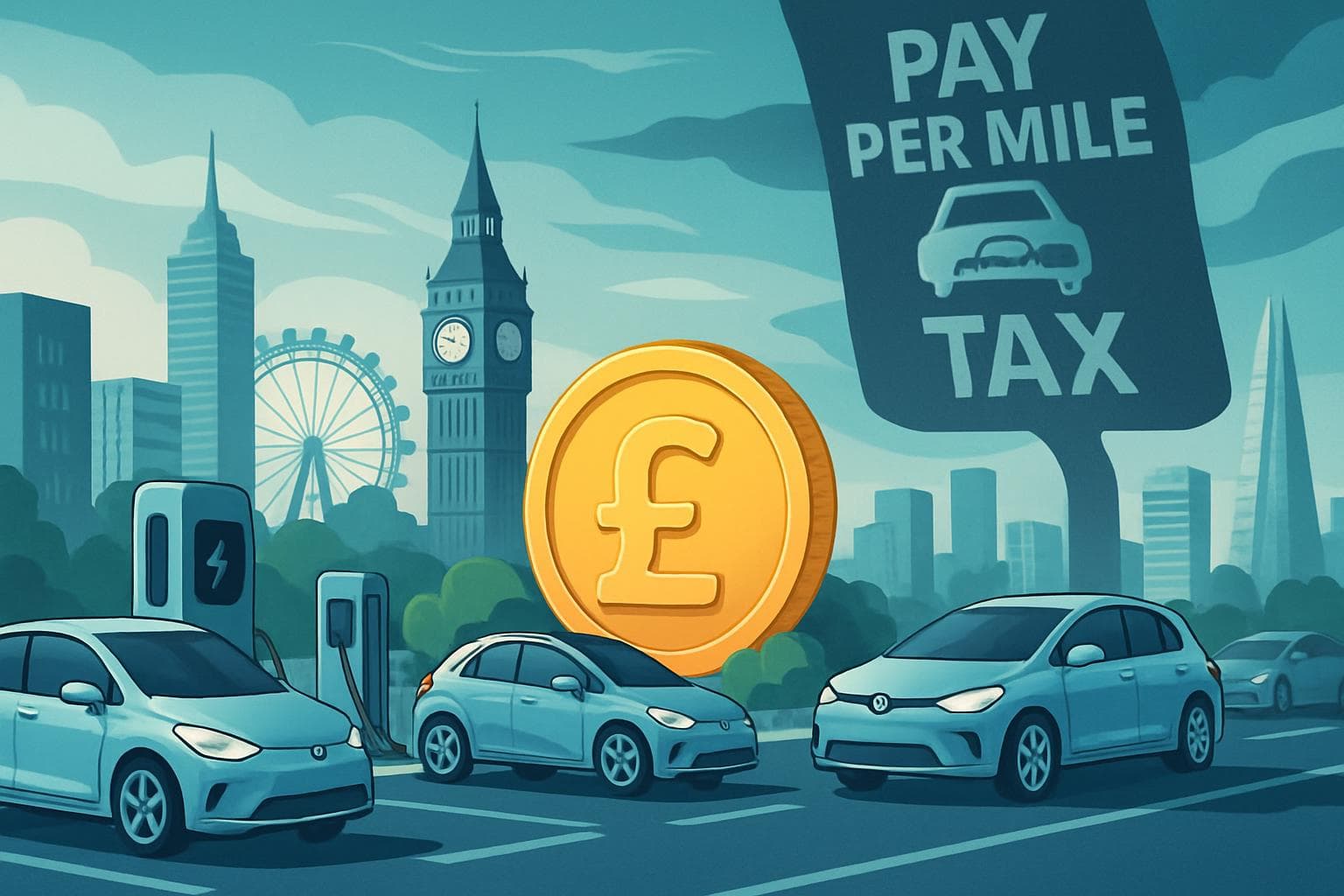 Futuristic UK city with electric vehicles and tax sign