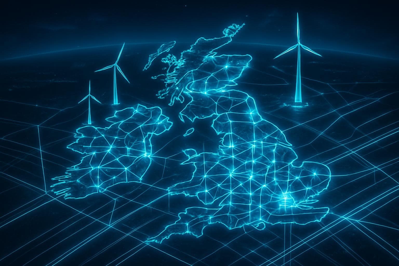 Futuristic UK energy grid with glowing clean energy
