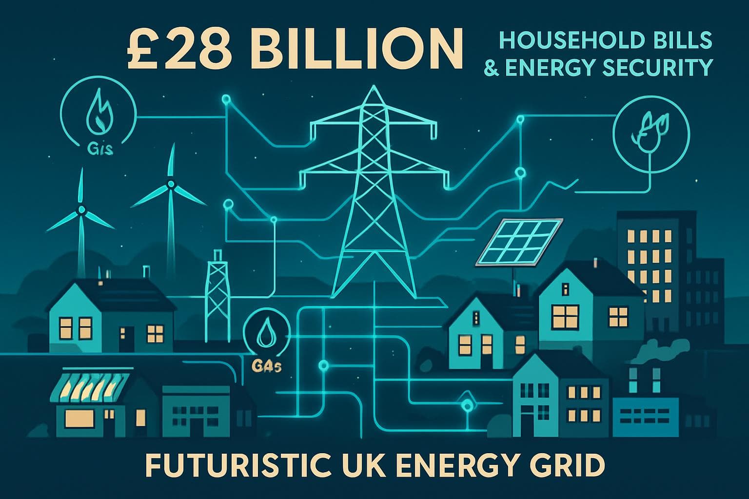Futuristic UK energy grid with power lines and icons