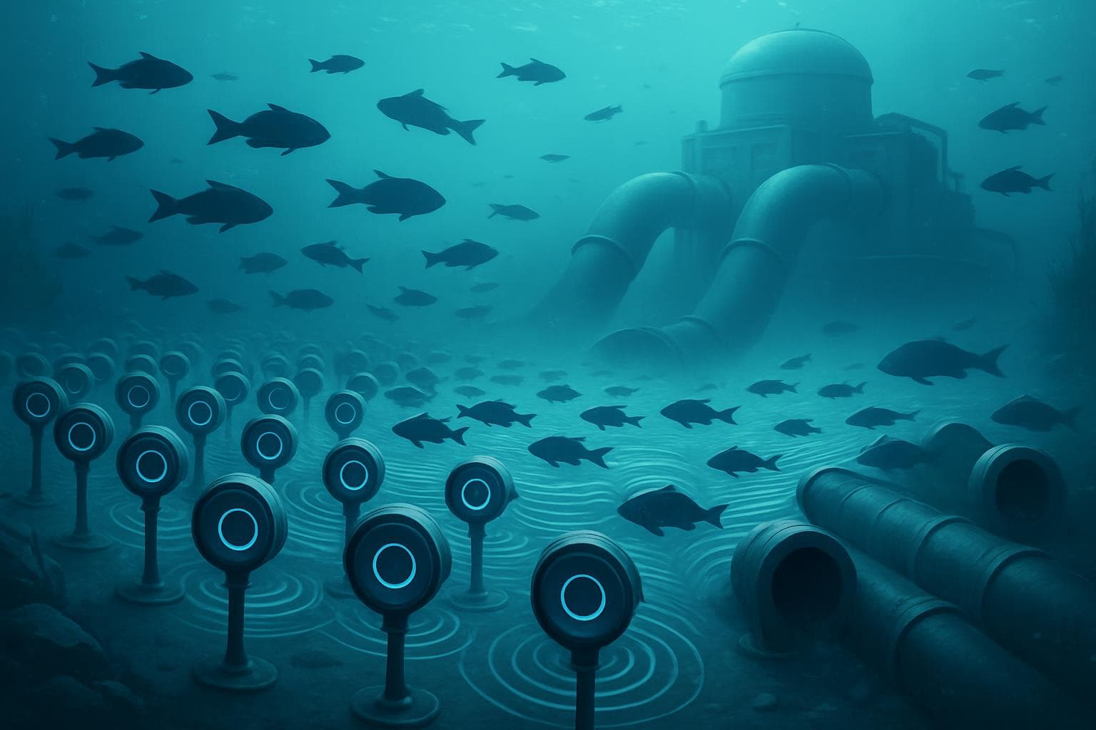 Underwater speakers emitting sound waves near nuclear intake pipes